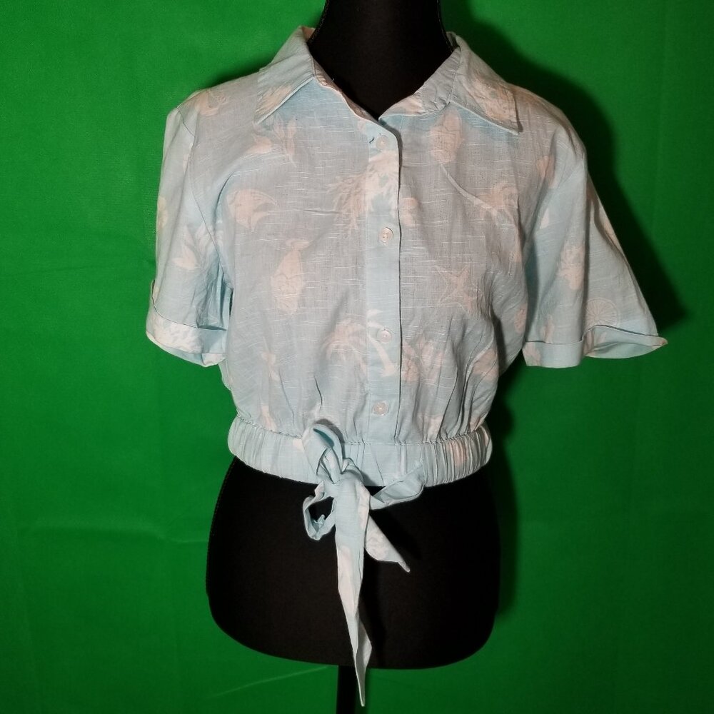 Girl Soul Womens Large Short Sleeve‎ Button Up Tie Front Crop Top Light Blue NWT